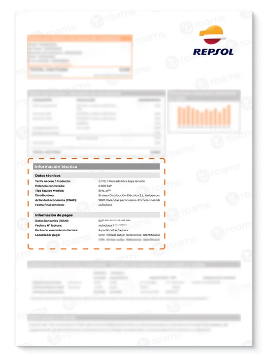Factura de Repsol creada por Roams donde se destaca la información del suministro