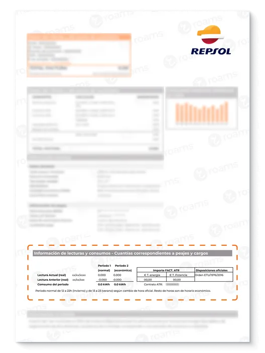 Factura de Repsol creada por Roams con el detalle de las lecturas de contador.