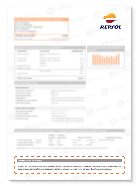 Factura de Repsol creada por Roams en la que se ve información extra.