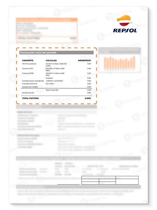 Factura de Repsol destacando la compensación de excedentes creada por Roams.