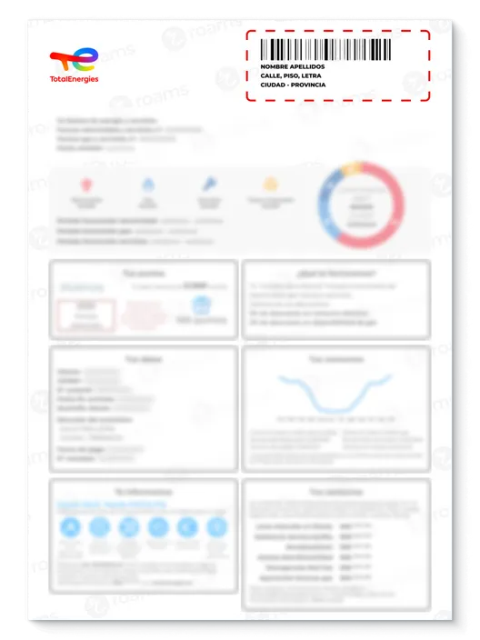 Recibo de luz de TotalEnergies creado por Roams para mostrar los datos de envío.