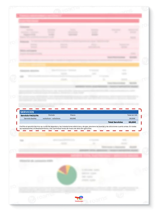 Recibo de luz de TotalEnergies creado por Roams para mostrar el servicio de mantenimiento.