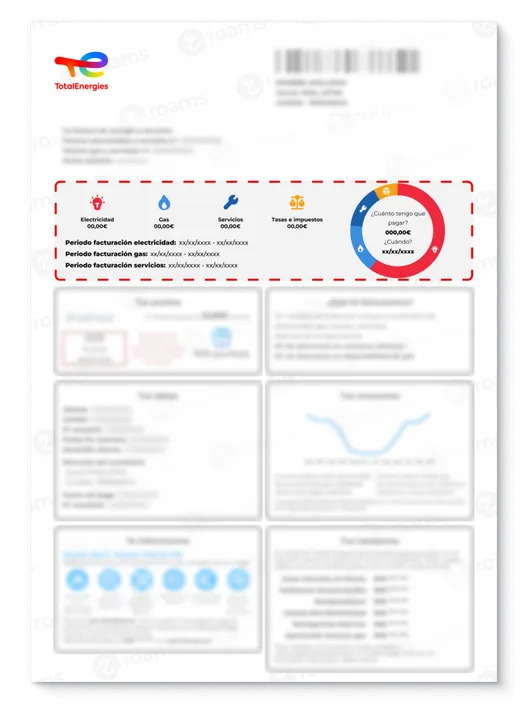 Recibo de luz de TotalEnergies creado por Roams para mostrar el resumen visual.