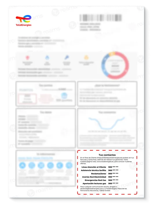 Recibo de luz de TotalEnergies creado por Roams para mostrar la atención al cliente.
