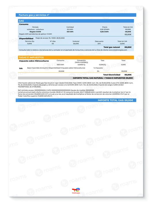 Recibo de luz y gas de TotalEnergies creado por Roams para mostrar la tercera hoja.