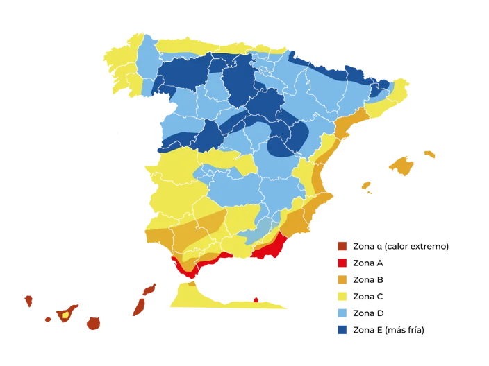 Mapa de España dividido por zonas climáticas que marcan la cuantía a la ayuda al bono social térmico.