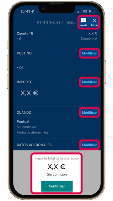 Captura de la pantalla de la app de BBVA en la que se muestra el resumen de una transferencia, antes de confirmarse