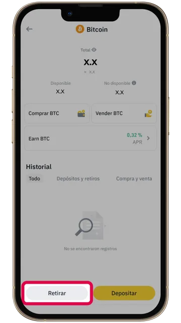 Captura de pantalla seleccionando la criptomoneda Bitcoin en Binance