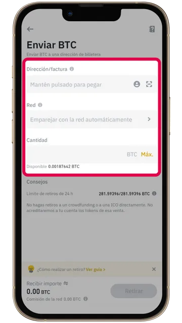 Captura de pantalla en Binance de introducción de datos para retirar Bitcoin