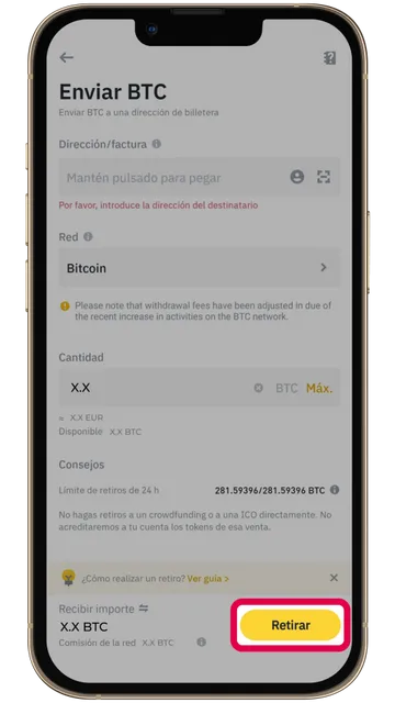 Captura de pantalla en Binance para retirar Bitcoin