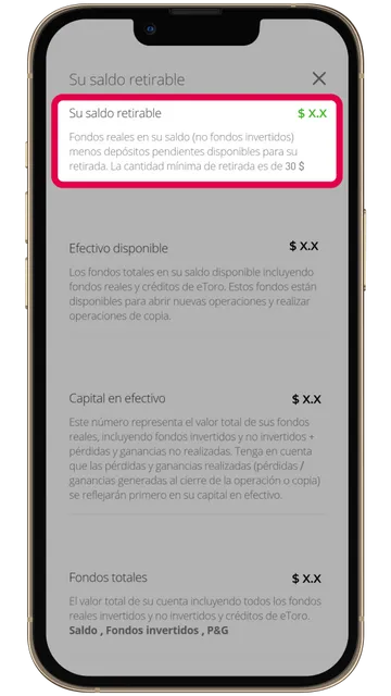 Captura de pantalla en eToro que indica el saldo retirable