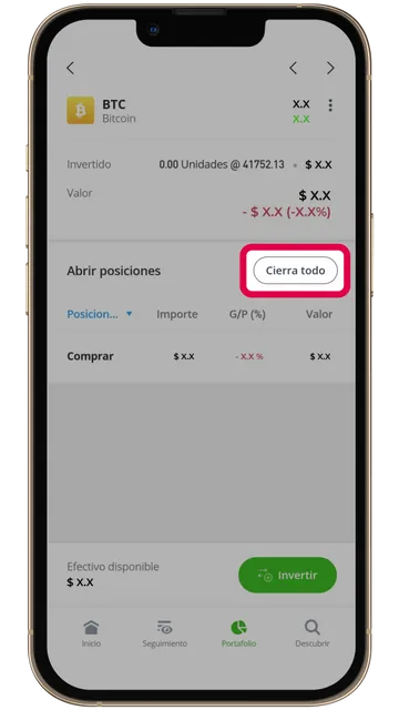 Captura de pantalla en eToro pulsando en Cierra todo para vender Bitcoin