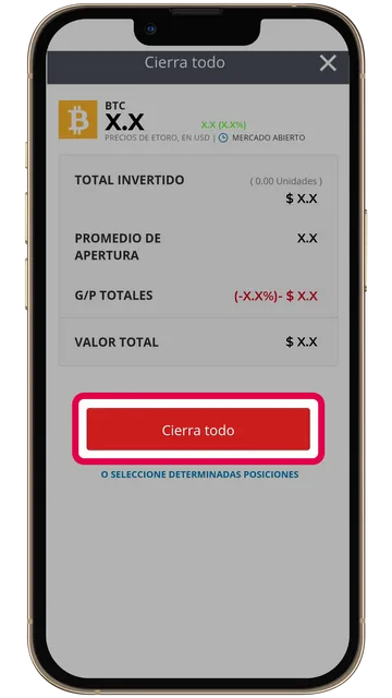Captura de pantalla en eToro confirmando el cierre de una operación