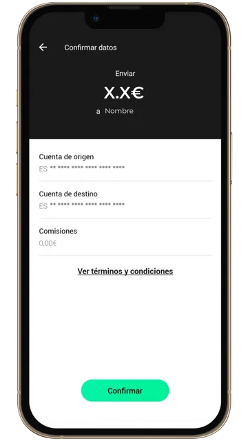 Captura de pantalla en imaginbank en la confirmación de datos antes de una transferencia