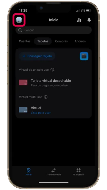 Captura de pantalla de la app de Revolut destacando el perfil del usuario