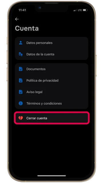 Captura de pantalla de la app de Revolut destacando el apartando de cerrar cuenta Revolut