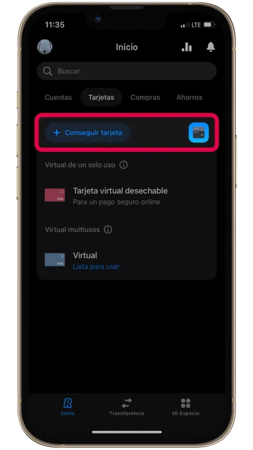 Captura de pantalla de la app de Revolut destacando Conseguir una tarjeta