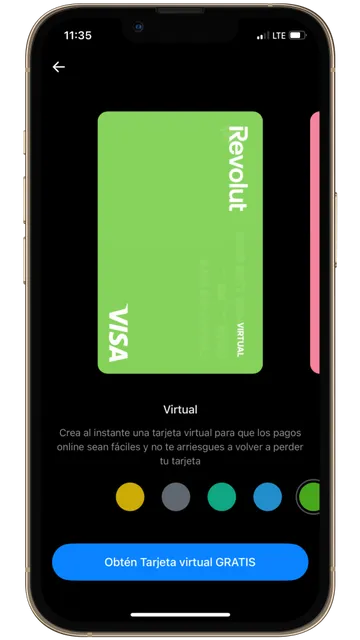 Captura de pantalla de la app de Revolut donde se ve la tarjeta virtual gratis