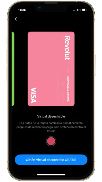 Captura de pantalla de la app de Revolut donde se ve la tarjeta virtual desechable gratis