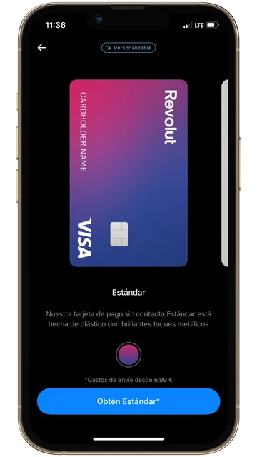 Captura de pantalla de la app de Revolut con la tarjeta estándar de Revolut