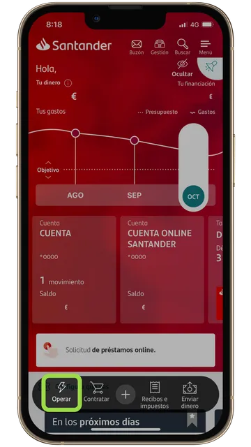 Primer paso al hacer una transferencia desde el Banco Santander