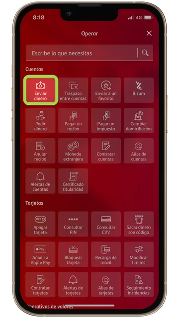 Segundo paso para hacer una transferencia desde el Santander