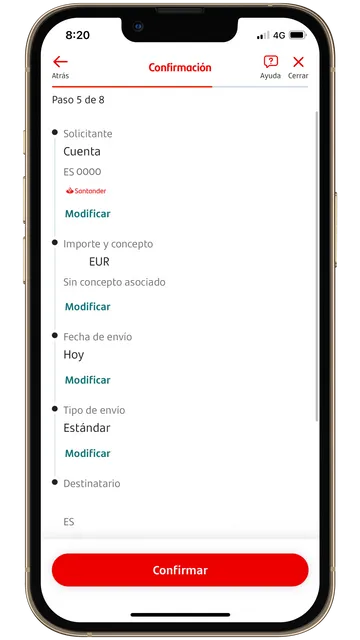 Punto final del proceso de hacer una transferencia en el Santander