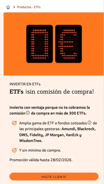 Banner de Bankinter: ETFs sin comisión de compra y amplia gama de gestoras; promo hasta 28/02/2026.