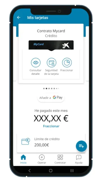 Interfaz de app móvil CaixaBank mostrando detalles de contrato y opciones de tarjeta MyCard.