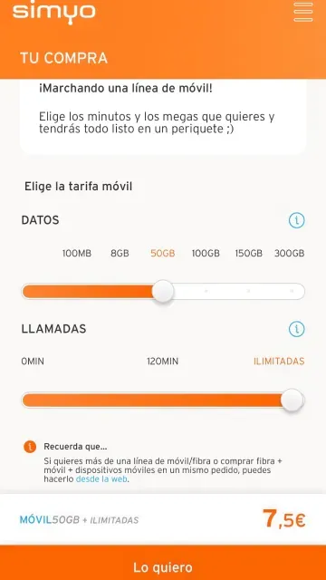 Pantalla de la aplicación de Simyo mostrando la configuración de una tarifa móvil con datos y llamadas.