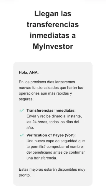 Anuncio de MyInvestor sobre sus nuevas funcionalidades: transferencias inmediatas y la capa de seguridad Verification of Payee (VoP).
