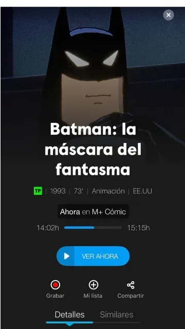 Captura de la app de Movistar Plus+ con la película Batman: la máscara del fantasma, disponible para ver ahora en el canal M+ Cómic.