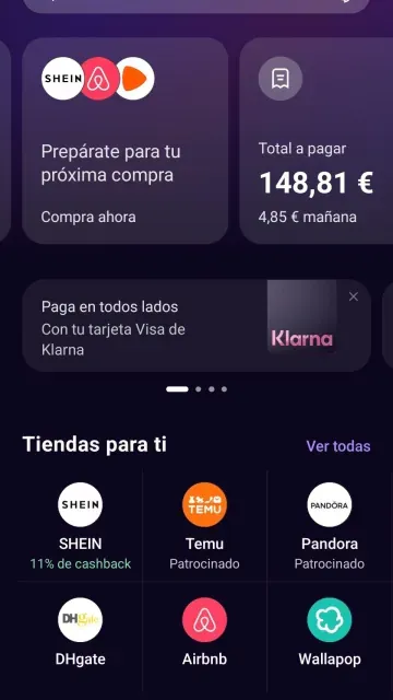 Captura de pantalla de la pantalla inicial de la app de Klarna en español.