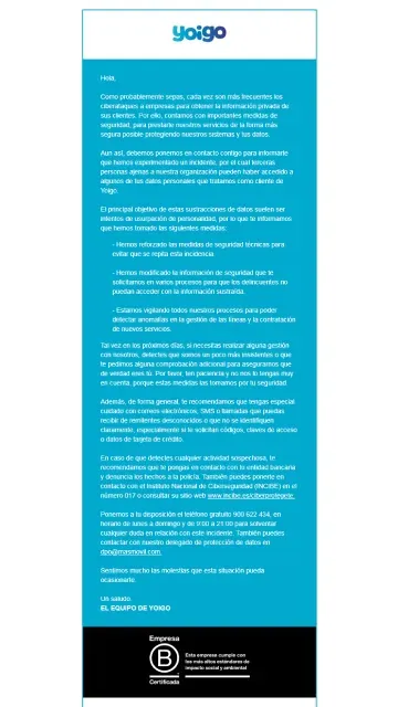 Comunicado oficial por email de Yoigo alertando a clientes sobre el ciberataque y robo de datos personales.