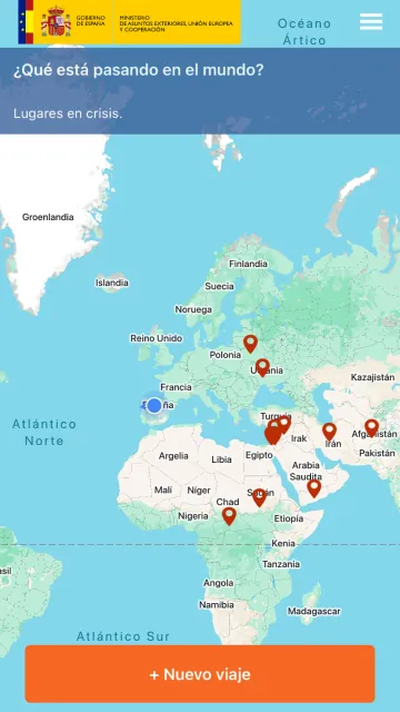 Captura de pantalla del Registro de Viajeros, con un mapa interactivo con alertas consulares y zonas en crisis a nivel mundial.