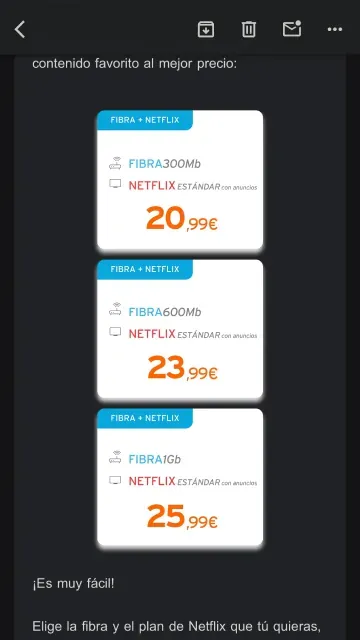 Comunicación por e-mail de simyo ofreciendo tarifa de solo fibra y Netflix a un cliente.