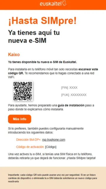 Email de Euskaltel con el código QR para activar la nueva eSIM. Instrucciones con el PIN y el PUK para la SIM virtual.