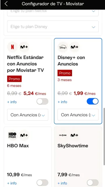 Pantalla del configurador de Movistar TV con promociones de Disney+, Netflix, HBO Max y SkyShowtime.