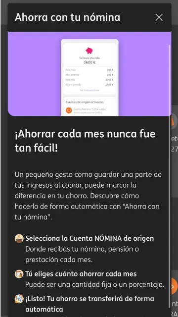 Pantalla de la app de ING con la función “Ahorra con tu nómina” que permite automatizar el ahorro mensual.