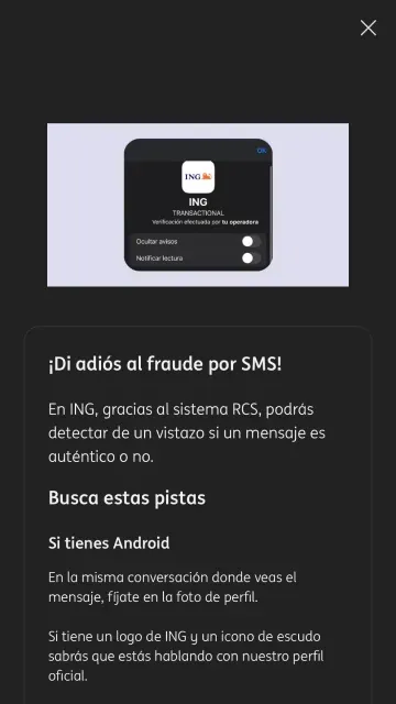 Explicación visual del sistema RCS de ING para identificar mensajes auténticos y evitar fraudes por SMS