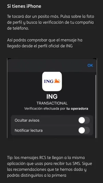 Pantalla de iPhone mostrando la verificación RCS de ING para confirmar que un mensaje es oficial y seguro