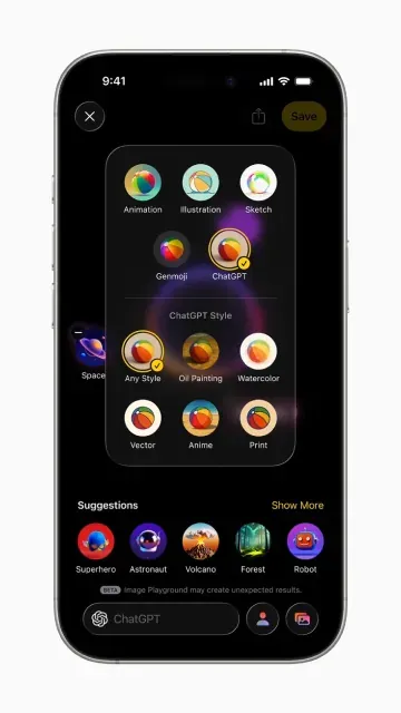 Interfaz de Image Playground de Apple Intelligence en un iPhone. Muestra la integración de ChatGPT para crear imágenes IA con varios estilos.