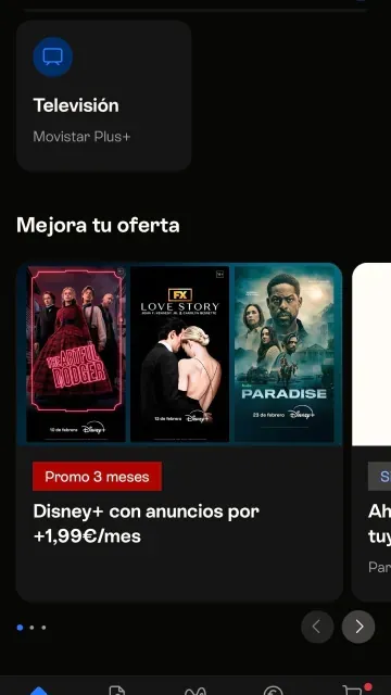 Oferta de Disney Plus con anuncios en la app de Movistar Plus por un euro con noventa y nueve céntimos al mes por tiempo limitado.