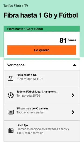 Tarifa de Orange con fibra 1Gb, todo el fútbol (Liga y Champions) y televisión por 81€ al mes.