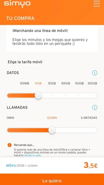 Pantalla de la app de Simyo para configurar una tarifa móvil con datos y minutos