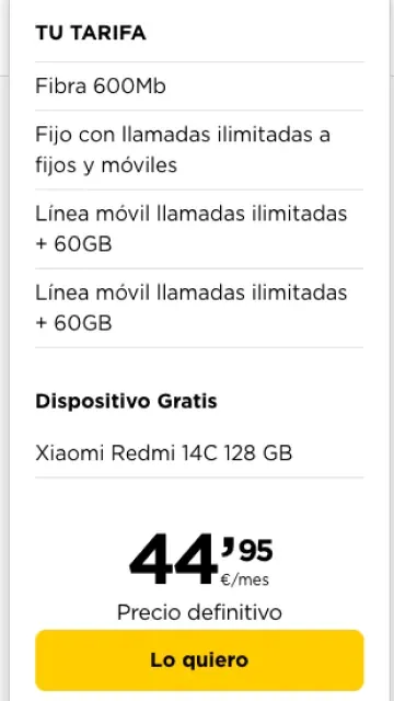 Detalle de una tarifa Jazztel con fibra 600 Mb, dos líneas móviles y dispositivo gratuito por 44,95 euros al mes.