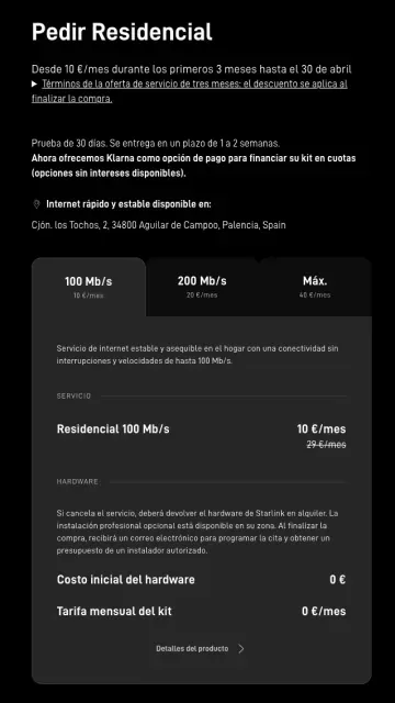 Interfaz de contratación del servicio residencial de Starlink con ofertas mensuales y detalles del hardware para internet satelital.