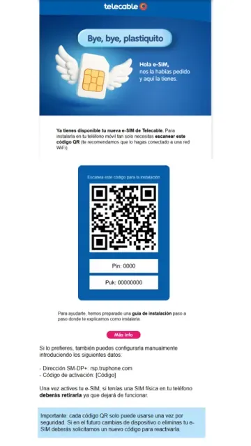 Email de Telecable con las instrucciones para activar la eSIM. Muestra el código QR, PIN y PUK para la nueva SIM virtual.