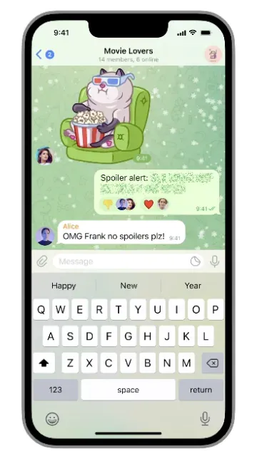 Interfaz de Telegram en un smartphone con la función de alerta de spoiler activada para ocultar mensajes de texto sobre cine.