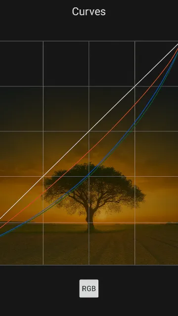 Gráfico de curvas RGB en una app de edición fotográfica para ajustar el color y la luz de una imagen de un atardecer.